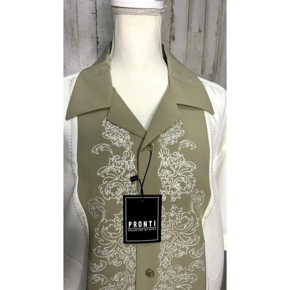 NWT Pronti Men's Size Large‎ Beige Embroidered Short Sleeve Button-Up Shirt - Picture 2 of 6
